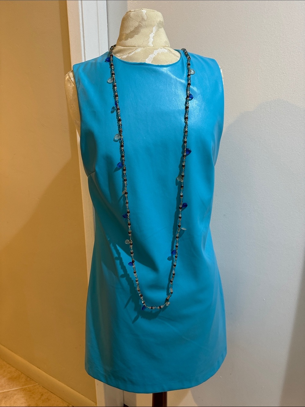 House of Harlow Faux Leather Vibrant Turquoise Lined Sleeveless Zip Midi Dress M